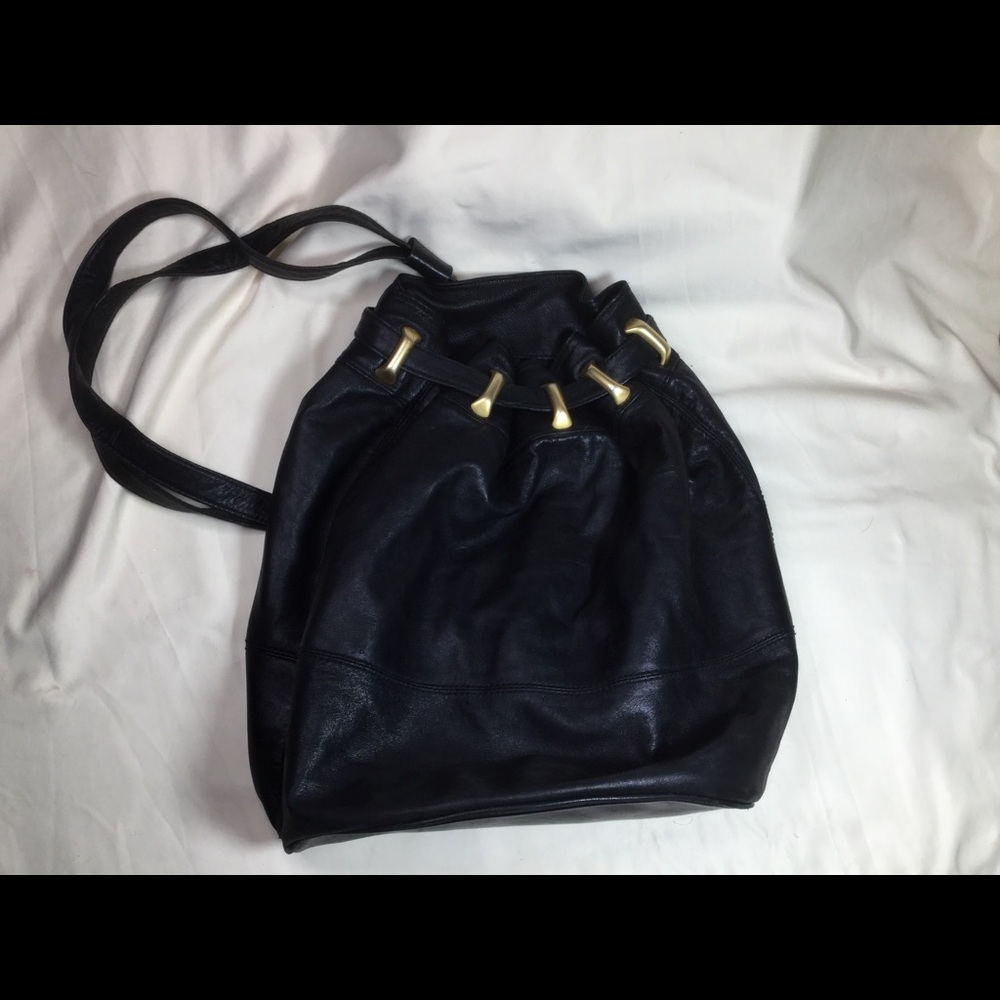 Vintage Donna Karan DKNY Black Leather Drawstring Bucket Backpack